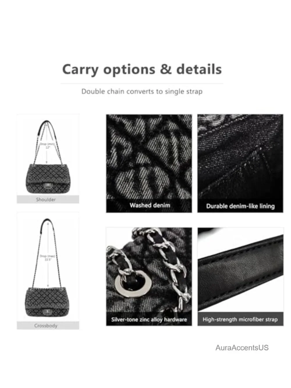 Quilted Denim Shoulder Hobo Bag Dual Chain Strap Flap Closure